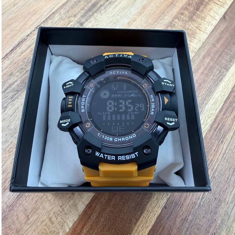 Activa Men's 56mm  Digital Sports Watch Black Yellow Water Resist Chrono 2467